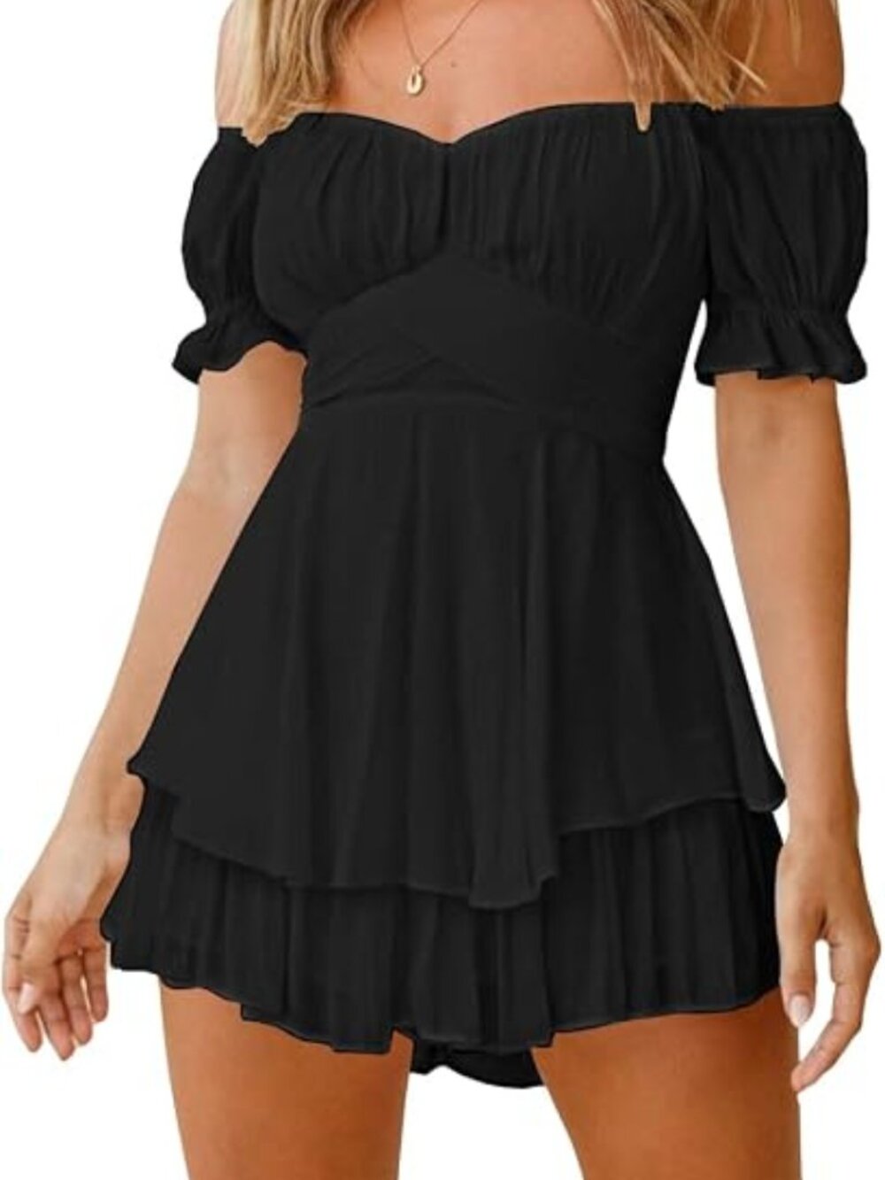 Fixmatti Women's Medium Boho Romper Off Shoulder Ruffle Chiffon Shorts Jumpsuit
